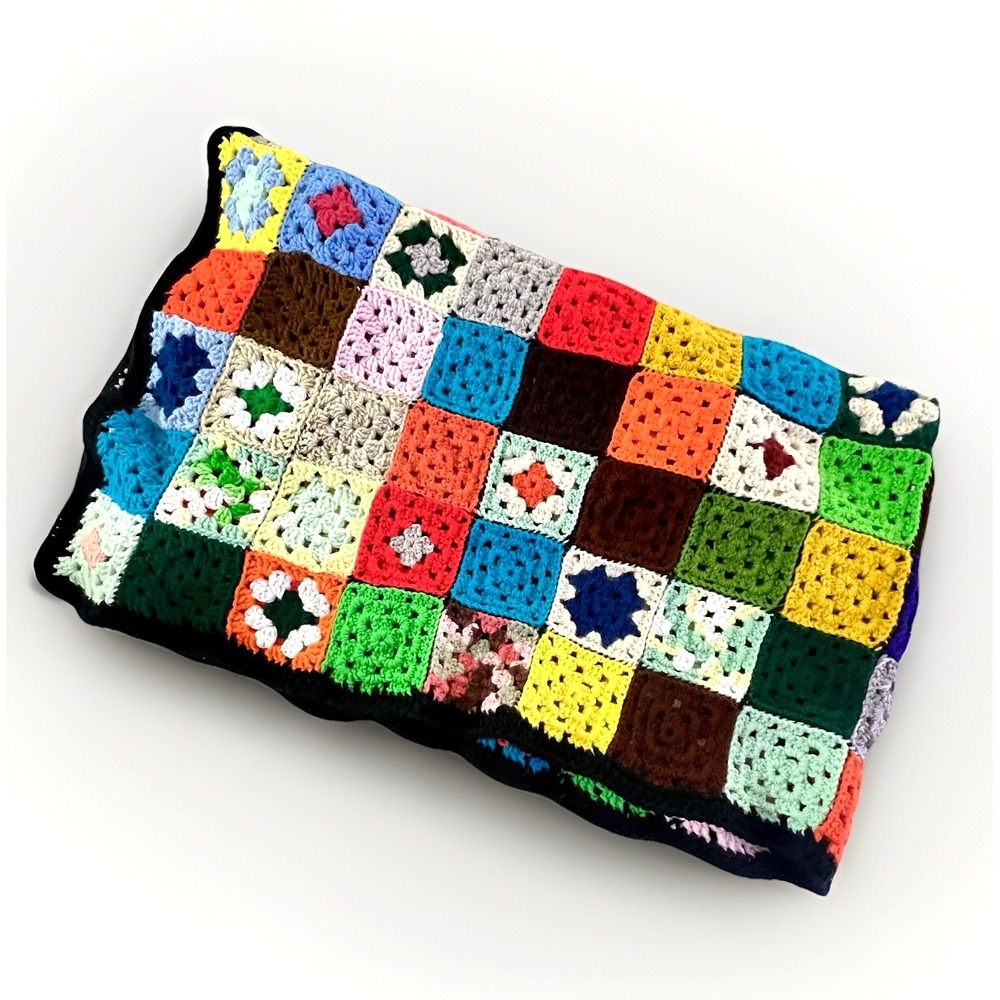 Vintage Granny Square Afghan Throw Blanket Crochet Colorful Black Trim‎ 55x34